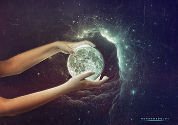 Hands, moon, planet, space, clouds, fantasy, art HD wallpaper