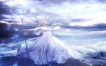 White Witch And The Sea, white, magic, staff, Sea, witch HD wallpaper