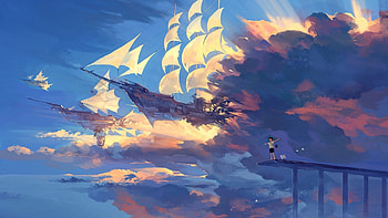 hanyijie, sky, scenery, ship, anime, art HD wallpaper