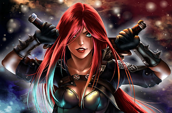 Katarina, red hair, long hair, beauty, sinister, league of legends, game, , warrior, sexy, hot, beautiful, video game, rpg, weapon, redhead, realistic HD wallpaper