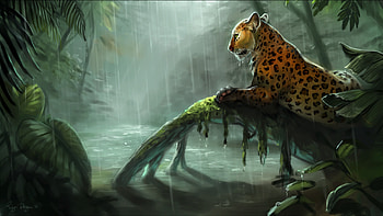 Sun shower, animal, rain, art, rajewel, orange, jaguar, fantasy, green, jungle, luminos HD wallpaper