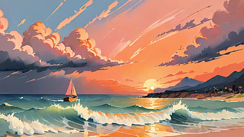 Sunset Drawing, sunset, wave, sea, ocean, boat, Ocean Waves HD wallpaper