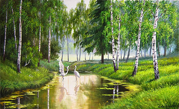 Elena Samarskaya . : The world for a two. 2011 year., animal, river, elena samarskaya, painting, bird, art, nature, tree HD wallpaper