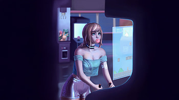 Girl Playing Games On Arcade While Chewing Gum, artist, artwork, art, digital-art, anime-girl, artstation HD wallpaper