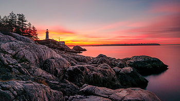 Sunset at the Lighthouse, coast, sea, clouds, colors, sky, rocks, water, reflections HD wallpaper
