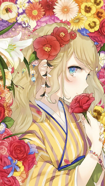 blush, blue eyes, long hair, kimono, flower, Anime, Original HD phone wallpaper