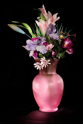 Beautiful floral arrangement with vibrant blooms in a pink vase on a black background. HD phone wallpaper
