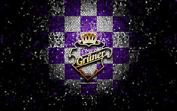 HC Gruner, glitter logo, Fjordkraft-ligaen, violet white checkered background, hockey, Eliteserien, norwegian hockey team, Gruner logo, mosaic art, Gruner, Norway, Gruner Ishockey HD wallpaper