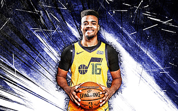 Juwan Morgan, grunge art, Utah Jazz, NBA, basketball, Juwan Morgan Utah Jazz, blue abstract rays, Juwan Morgan HD wallpaper