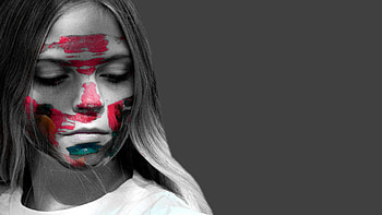 Sad Girl, blue, emotion, girl, lonely, sad, pink, expression, black and white, face, paint, frown HD wallpaper