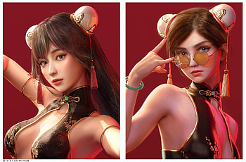 Fantasy girls, red, yuan yuan, kongfu, fantasy, face, girl, collage HD wallpaper