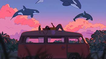 Cat Friend And Dolphins, relaxing, fantasy, dolphin, van, artist, artwork, digital-art HD wallpaper