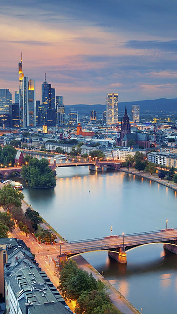 Germany Frankfurt cityscape, River bridge buildings, Architectural marvels, Urban atmosphere HD phone wallpaper