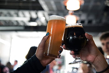 Two hands clink glasses of different craft beers, capturing a celebratory moment in a modern bar. HD wallpaper