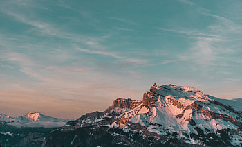 Mountains, clean sky, summit, glacier, sunset HD wallpaper