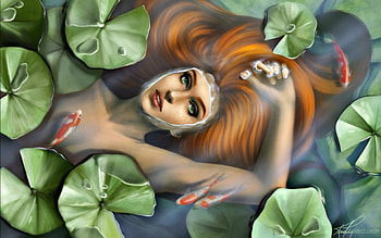 Nymph, mermaid, art, kirstycarter, girl, orange, fantasy, green, leaf, redhead, fish, water HD wallpaper