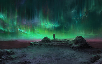 Aurora Man Standing Landscape, aurora, artist, artwork, digital-art, deviantart HD wallpaper