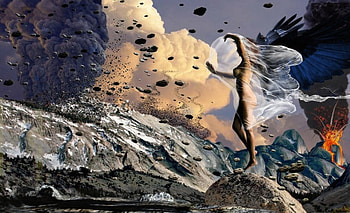 Gaea, destruction, wings, earth, fantasy, volcano, women HD wallpaper