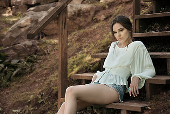 Beautiful Girl Sitting On Brown Wooden Stairs, girls, model, graphy, depth-of-field, outdoors HD wallpaper