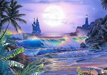 ETERNAL DESIRE, SKY, OCEAN, STARS, WAVES, LIGHTHOUSE, PAINTING, SHIP, MOON HD wallpaper