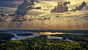 Clouds, sky, sunbeams, trees, landscape HD wallpaper
