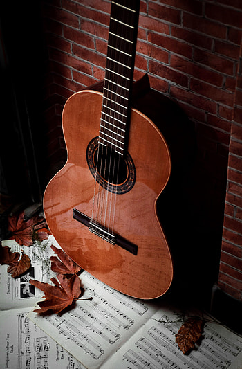 Music, Leaves, Brown, Guitar, Musical Instrument, Notebook, Notebooks HD phone wallpaper