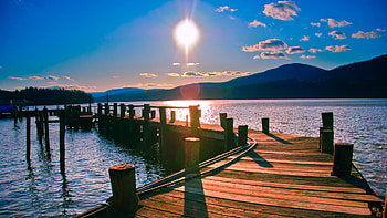 Sunset, blue, sea, wharf, dark HD wallpaper