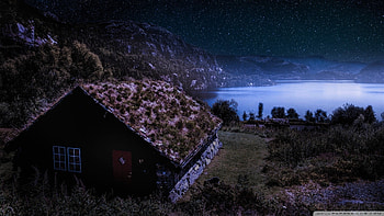 Sod House in Norwegian Night, Nights, Stars, Norway, Houses, Nature, Sky HD wallpaper
