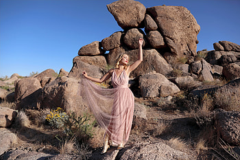 Gorgeous Scarlet Posing in the Wilderness, model, blonde, desert, gown, rocks HD wallpaper