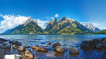 Jenny Lake, Wyoming, Teton Range, landscape, clouds, sky, mountains, water, rocks, usa, stones HD wallpaper