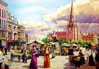 THE BULLRING MARKET, artwork, place, city, houses, people, vintage HD wallpaper