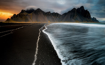 Dark, beach, sea waves, nature, mountains HD wallpaper