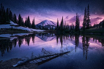 Lake Nature Night Reflection, lake, nature, night, reflection, mountains, sky, trees, winter HD wallpaper