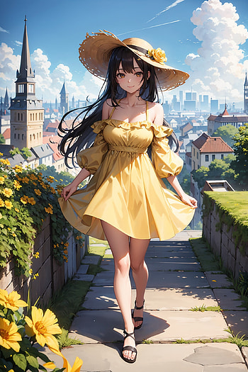 A girl wearing a yellow dress, yellow dress, anime girl, brown hair, holiday HD phone wallpaper