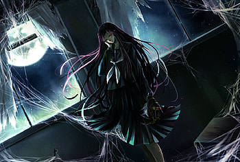 I've wait too long, night, scary, smile, girl, school girl, dress, anime girl, anime, moon HD wallpaper