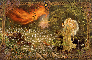 Phoenix, art, bird, tale, girl, fire, pasari, kinuko y craft, orange, fantasy HD wallpaper