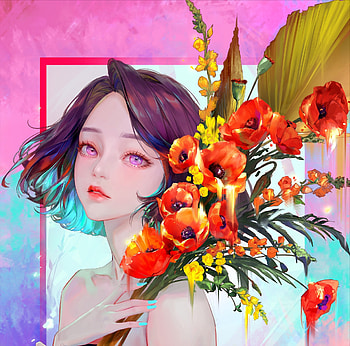 Poppy Hanamori, face, girl, jinyoung son, frumusete, art, gorgeous, superb, pink, fantasy, flower, red HD wallpaper