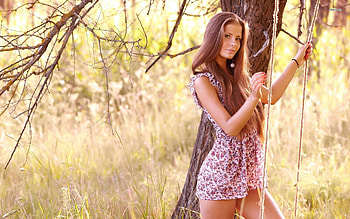 Cowgirls Past Time . ., style, cowgirl, swing, brunettes, dress, fashion, outdoors, ranch, trees, women, models, western, female HD wallpaper
