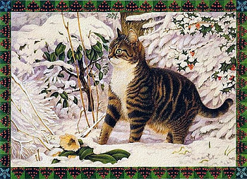 Something we've got a little cat ... Lesley Ann Ivory, kitten, winter, lesley ann ivory, art, cat, painting, flower, snow, christmas HD wallpaper