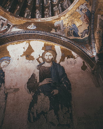 A stunning mural of Jesus Christ within a church dome, showcasing Renaissance religious art. HD phone wallpaper