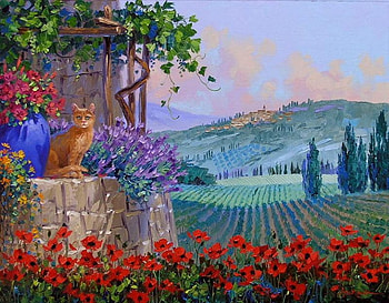 Kitten in garden, kitten, painting, art, flower, garden, cat, pet HD wallpaper