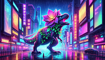 Neon Lit T-Rex Fantasy, Tyrannosaurus Rex, dinosaur, neon, cityscape, fantasy HD wallpaper