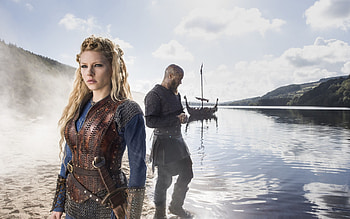 Vikings (2013– ), Ragnar Lothbrok, blonde, Katheryn Winnick, man, actress, woman, actor, couple, Travis Fimmel, Vikings, Lagertha, water HD wallpaper