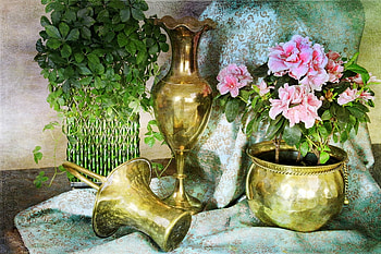 azaleas with brass, still life, brass, pot, azaleas HD wallpaper