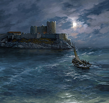 Dumas Monte Cristo, sergey shikin, moon, luna, water, night, boat, sea, dumas, monte cristo, shore HD wallpaper