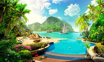 Place to relax, sea, palms, place, exotic, bay, paradise, beautiful, relax, sailboat, beach, summer, rest, breeze, sky HD wallpaper