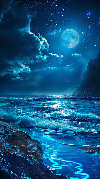 Moonlit Bioluminescent Waves, ocean, wave, bioluminescence, moon, Ocean Waves HD phone wallpaper