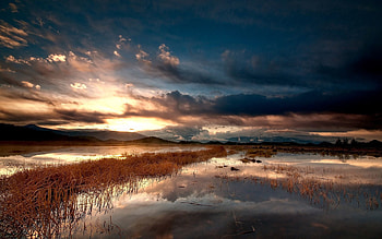 Nature, Grass, Autumn, Clouds, Lake, Evening HD wallpaper