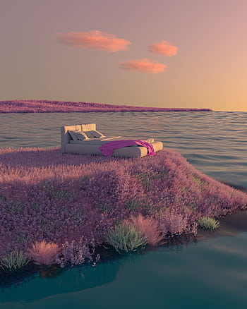 Surreal digital artwork of a bed on a floating lavender island at sunrise, offering a calming and magical escape. HD phone wallpaper