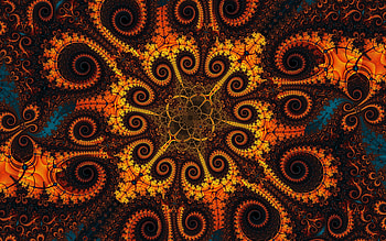 orange black fractals, fractal ornaments, fractal flowers, floral ornament background, fractals background HD wallpaper